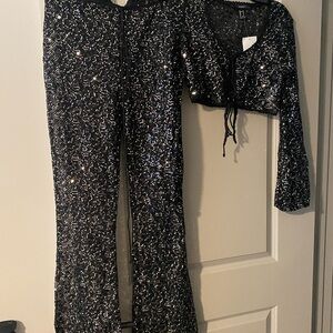Medium Sequin Sheer, Black Pants and Crop Top Never Worn